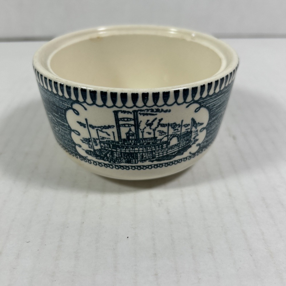 currier and ives Open Sugar Bowl No Handles Cobalt Blue Steam‎ Boat